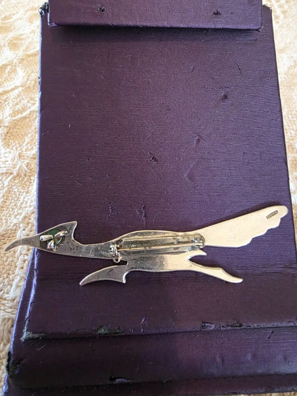 Vintage Handcrafted Sterling Silver ROADRUNNER Pin Gemstone Eye Accent